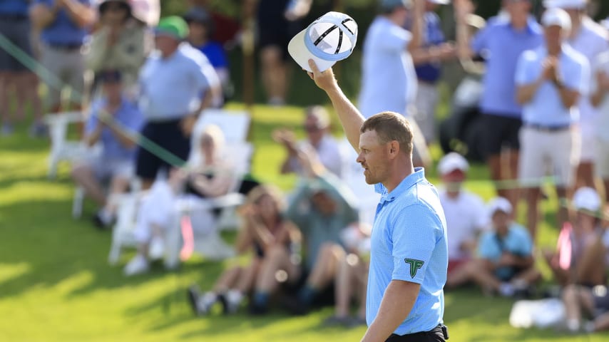 GLENVIEW, ILLINOIS - JULY 30: Patrick Fishburn of the United States celebrates an eagle on the 18th green during the final round of the NV5 Invitational presented by Old National Bank at The Glen Club on July 30, 2023 in Glenview, Illinois. (Photo by Justin Casterline/Getty Images)