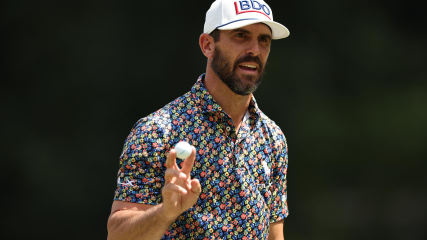 GREENSBORO, NORTH CAROLINA - AUGUST 05: Billy Horschel of the United States waves on the third green during the third round of the Wyndham Championship at Sedgefield Country Club on August 05, 2023 in Greensboro, North Carolina. (Photo by Jared C. Tilton/Getty Images)