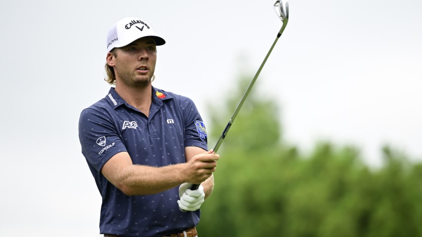 GREENSBORO, NORTH CAROLINA - AUGUST 04: Sam Burns of the United States lines up a shot from the third tee during the second round of the Wyndham Championship at Sedgefield Country Club on August 04, 2023 in Greensboro, North Carolina. (Photo by Logan Whitton/Getty Images)