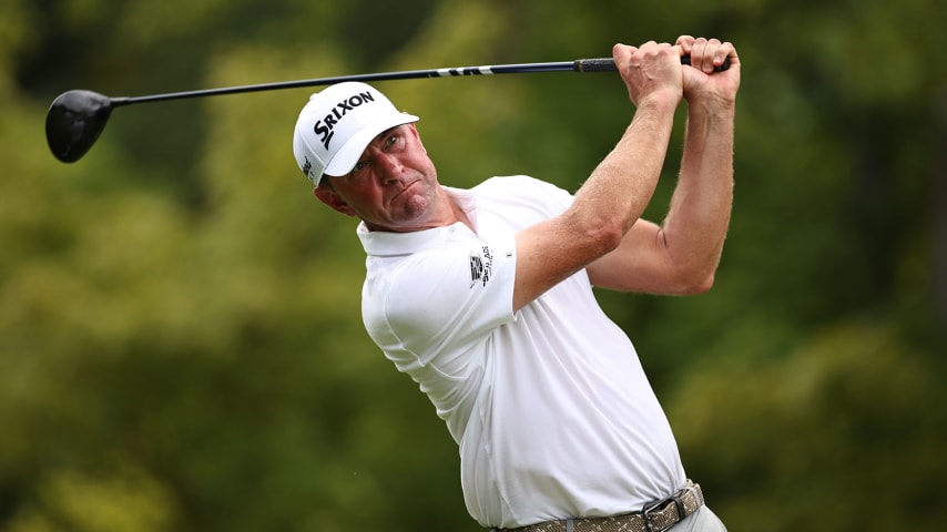 GREENSBORO, NORTH CAROLINA - AUGUST 06: Lucas Glover of the United States plays his shot from the 14th tee during the final round of the Wyndham Championship at Sedgefield Country Club on August 06, 2023 in Greensboro, North Carolina. (Photo by Jared C. Tilton/Getty Images)