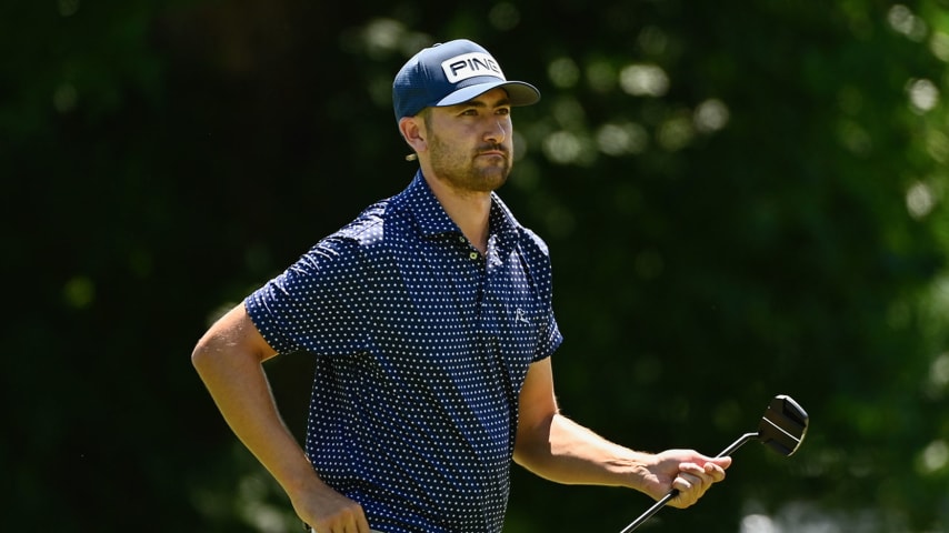 FARMINGTON, UTAH - AUGUST 04: Christopher Petefish in action on the ninth hole during the second round of the Utah Championship presented by Zions Bank at Oakridge Country Club on August 04, 2023 in Farmington, Utah. (Photo by Alex Goodlett/Getty Images)