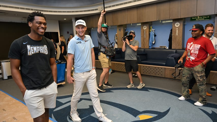 MEMPHIS, TENNESSEE - JULY 17: Will Zalatoris gets a tour during the FESJC Media Day at FedExForum on July 17, 2023 in Memphis, Tennessee. (Photo by Ben Jared/PGA TOUR)