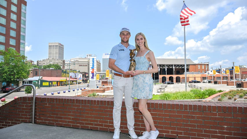 MEMPHIS, TENNESSEE - JULY 17: Will Zalatoris poses with the trophy outside the FedExForum during the FESJC Media Day on July 17, 2023 in Memphis, Tennessee. (Photo by Ben Jared/PGA TOUR)