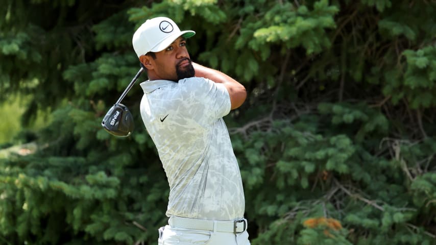 BLAINE, MINNESOTA - JULY 30: Tony Finau of the United States plays his shot from the second tee during the final round of the 3M Open at TPC Twin Cities on July 30, 2023 in Blaine, Minnesota. (Photo by Stacy Revere/Getty Images)