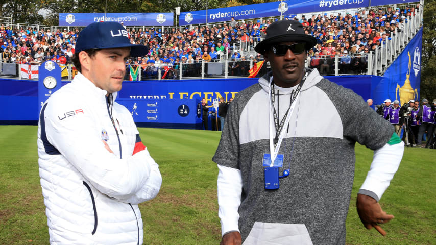 Michael Jordan with Keegan Bradley on the 1st tee at the 2014 Ryder Cup in Scotland. (David Cannon/Getty Images)