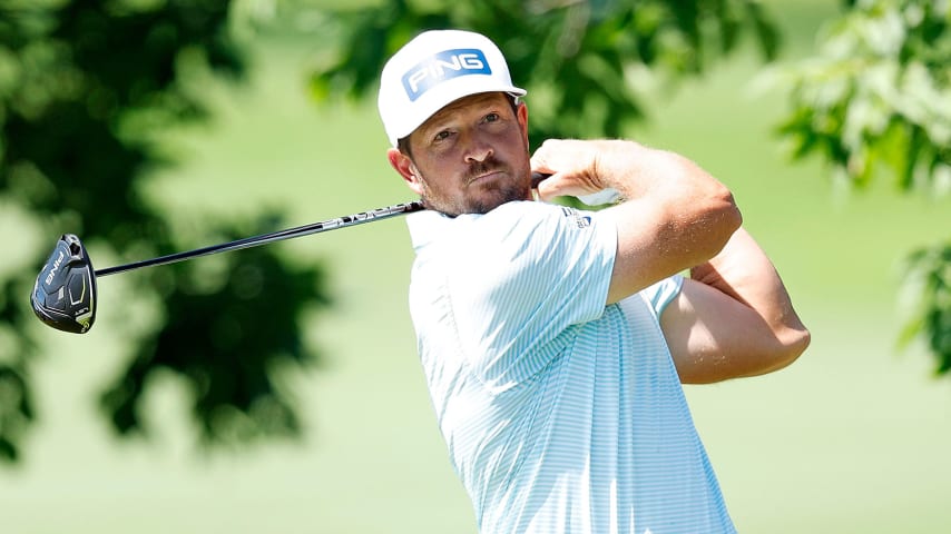 OMAHA, NEBRASKA - AUGUST 12: Chris Naegel of the United States plays his tee shot on the second hole during the third round of the Pinnacle Bank Championship presented by Aetna at The Club at Indian Creek on August 12, 2023 in Omaha, Nebraska. (Photo by David Berding/Getty Images)