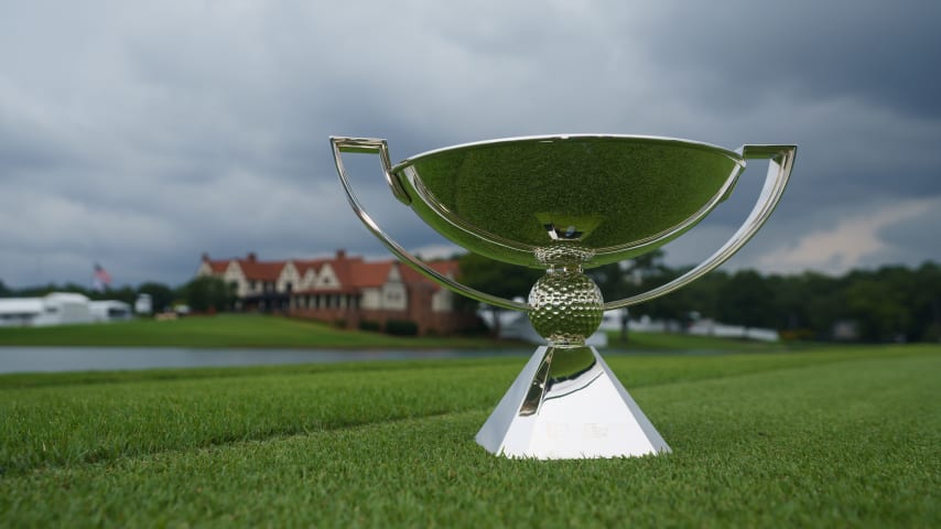 ATLANTA, GEORGIA - AUGUST 22: The FedExCup trophy on the 8th hole fairway prior to the TOUR Championship at East Lake Golf Club on August 22, 2022 in Atlanta, Georgia. (Photo by Rankin White/PGA TOUR via Getty Images)