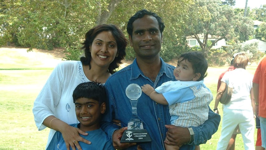 A young Sahith Theegala with his family. (Courtesy of Theegala family)