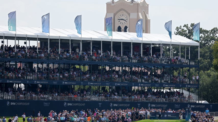 OLYMPIA FIELDS, ILLINOIS - AUGUST 17: A general view as Rory McIlroy of Northern Ireland plays a shot from the 17th tee during the first round of the BMW Championship at Olympia Fields Country Club on August 17, 2023 in Olympia Fields, Illinois. (Photo by Michael Reaves/Getty Images)