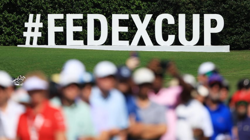 ATLANTA, GEORGIA - AUGUST 28: FedExCup signage is displayed during the final round of the TOUR Championship at East Lake Golf Club on August 28, 2022 in Atlanta, Georgia. (Photo by Sam Greenwood/Getty Images)