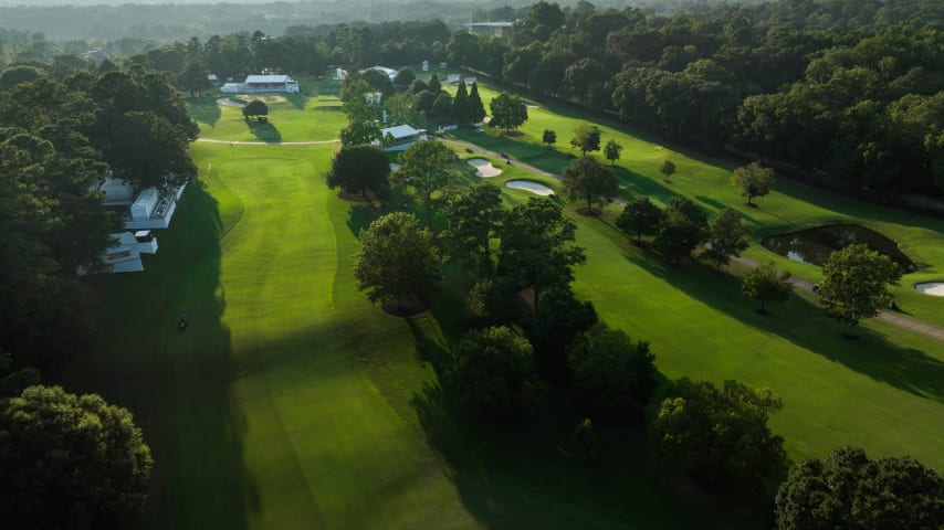 ATLANTA, GEORGIA - AUGUST 25: (EDITOR'S NOTE: Image taken with a drone.) An aerial view of the course during the second round of the TOUR Championship at East Lake Golf Club on August 25, 2023 in Atlanta, Georgia. (Photo by Ben Jared/PGA TOUR via Getty Images)