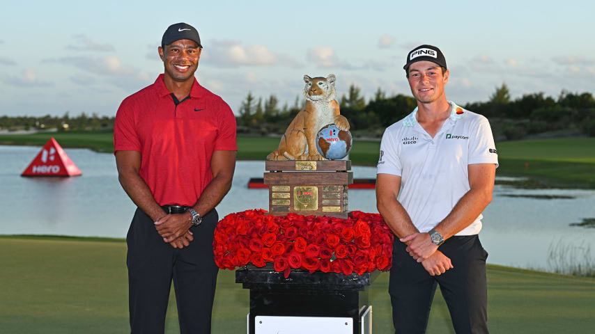 Tiger Woods and Viktor Hovland after Hovland's victory at the 2023 Hero World Challenge (Getty)