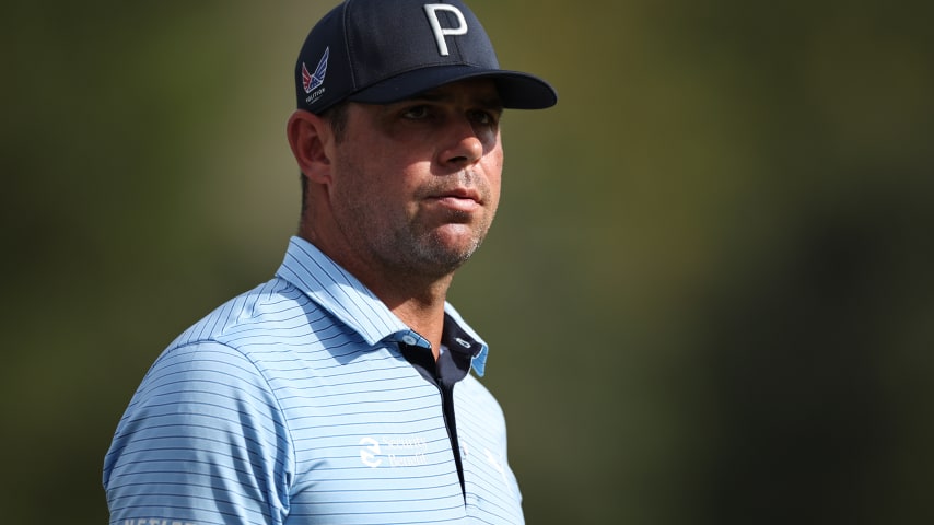 GREENSBORO, NORTH CAROLINA - AUGUST 04: Gary Woodland of the United States looks on from the on the 15th green during the second round of the Wyndham Championship at Sedgefield Country Club on August 04, 2023 in Greensboro, North Carolina. (Photo by Jared C. Tilton/Getty Images)
