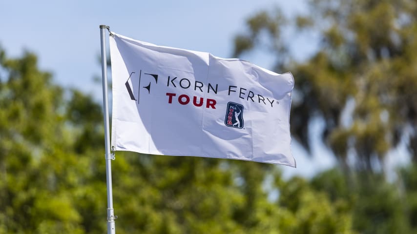 SAVANNAH, GEORGIA - APRIL 01: A Korn Ferry Tour flag waves outside the clubhouse during the second round of the Korn Ferry Tour Club Car Championship at Deer Creek Golf Course on April 01, 2022 in Savannah, Georgia. (Photo by James Gilbert/Getty Images)