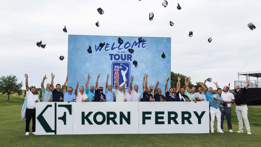 OMAHA, NEBRASKA - AUGUST 14: The 2022 graduating class of the Korn Ferry Tour do a ceremonial hat toss after the final round of the Korn Ferry Tours Pinnacle Bank Championship presented by Aetna at The Club at Indian Creek on August 14, 2022 in Omaha, Nebraska.  (Photo by James Gilbert/PGA TOUR via Getty Images)