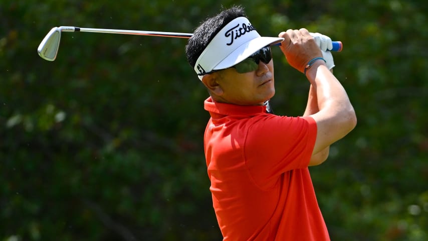 ST LOUIS, MISSOURI - SEPTEMBER 8: Y.E. Yang of South Korea hits his first shot on the fourth hole during the first round of the Ascension Charity Classic at Norwood Hills Country Club on September 8, 2023 in St Louis, Missouri. (Photo by Jeff Curry/Getty Images)