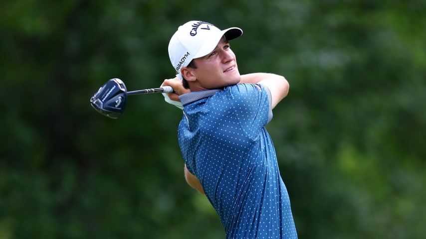 JACKSON, NEW JERSEY - AUGUST 18: Adrien Dumont de Chassart from Belgium hits his shot from the 14th tee during the second round of the Magnit Championship at Metedeconk National Golf Club on August 18, 2023 in Jackson, New Jersey. (Photo by Mike Stobe/Getty Images)