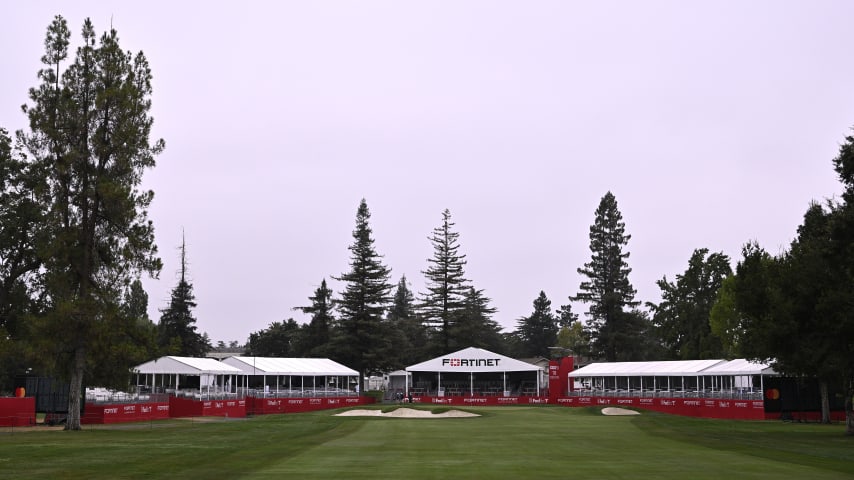 NAPA, CALIFORNIA - SEPTEMBER 13: A general view of the 18th green and grandstand prior to the Fortinet Championship at Silverado Resort and Spa on September 13, 2023 in Napa, California. (Photo by Orlando Ramirez/Getty Images)
