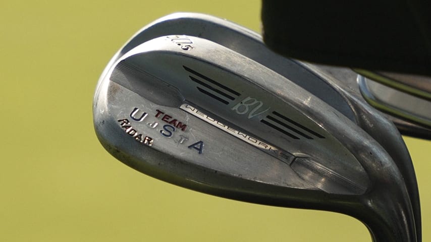 Justin Thomas' custom "Team USA" wedge stampings with a "JT" partitioning each letter of "USA.” (PGA TOUR)