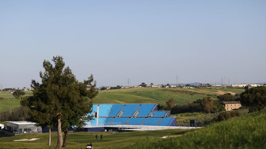 A general view of the grandstand around the 1st tee in preparation for the 2023 Ryder Cup at Marco Simone. (Naomi Baker/Getty Images)