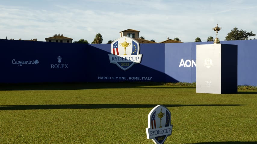 ROME, ITALY - OCTOBER 03: General view of the 1st tee during the Ryder Cup 2023 Year to Go Media Event at Marco Simone Golf Club on October 03, 2022 in Rome, . (Photo by Lorenzo Palizzolo/Getty Images)