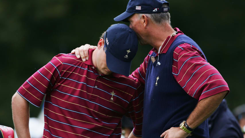 U.S. Captain Tom Lehman (right) consoles Zach Johnson on the 16th green on the final day of the 2006 Ryder Cup at The K Club  in Ireland. (Donald Miralle/Getty Images)