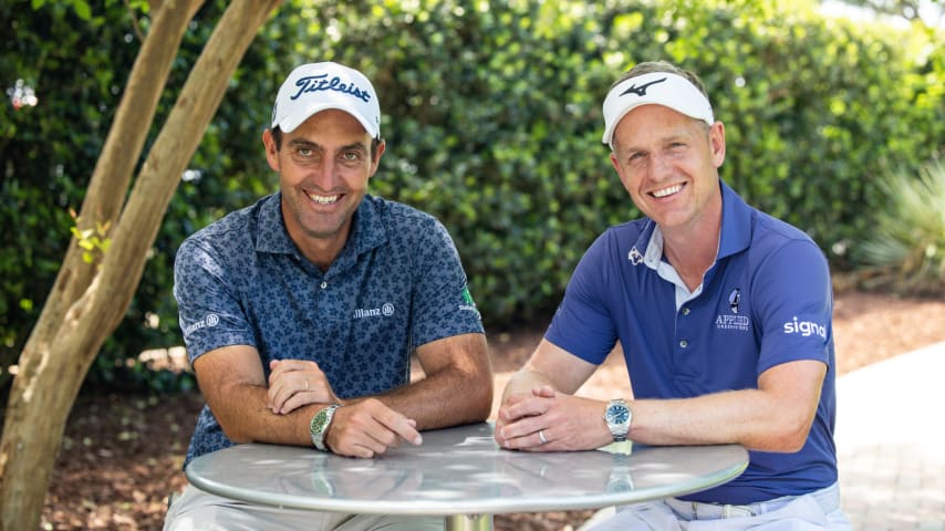 Vice Captain Edoardo Molinari (left) smiles with Ryder Cup Team Europe Captain Luke Donald (right) during an interview before the Zurich Classic of New Orleans at TPC Louisiana. (Alex Sturgill/PGA TOUR)