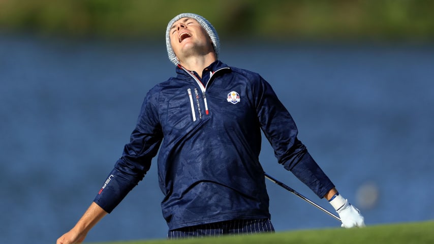 Jordan Spieth of the United States team reacts at the 2018 Ryder Cup at Le Golf National in Paris, France. (David Cannon/Getty Images)