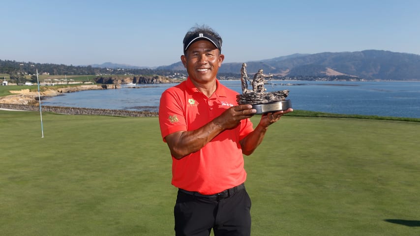 PEBBLE BEACH, CALIFORNIA - SEPTEMBER 24: Thongchai Jaidee of Thailand poses with the trophy after winning PURE Insurance Championship at Pebble Beach Golf Links on September 24, 2023 in Pebble Beach, California. (Photo by Lachlan Cunningham/Getty Images)