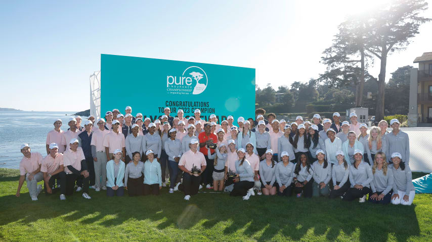 PEBBLE BEACH, CALIFORNIA - SEPTEMBER 24: Thongchai Jaidee of Thailand poses for a photo with First Tee junior players during the third round of the PURE Insurance Championship at Pebble Beach Golf Links on September 24, 2023 in Pebble Beach, California. (Photo by Lachlan Cunningham/Getty Images)