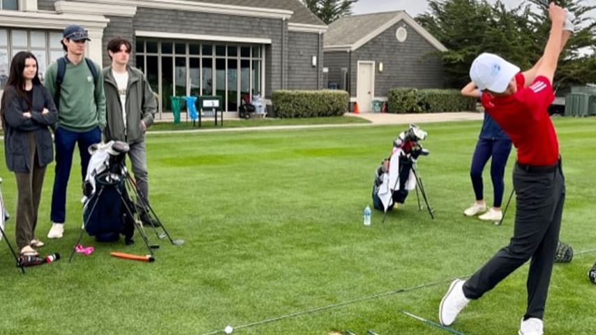 The Lewallens on the driving range at Pebble Beach during the PURE Insurance Championship Impacting First Tee. (Doug Milne/PGA TOUR)