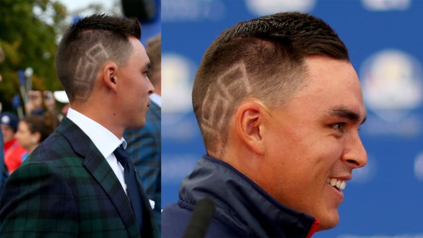 Rickie Fowler displays his new haircut during the Opening Ceremony ahead of the 40th Ryder Cup at Gleneagles in Scotland. (Mike Ehrmann/Getty Images)