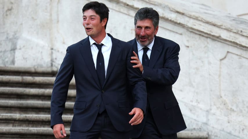 Viktor Hovland of Team Europe and Jose Maria Olazabal, Vice Captain of Team Europe arrive at the Spanish Steps prior to the 2023 Ryder Cup at Marco Simone Golf Club. (Getty Images)