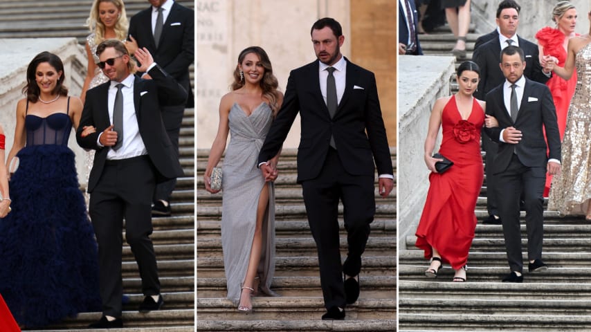 Sam Burns and his wife Caroline Campbell (left), Patrick Cantlay and his fiance Nikki Guidish (center), Xander Schauffele and his wife Maya Lowe (right). (Getty Images)