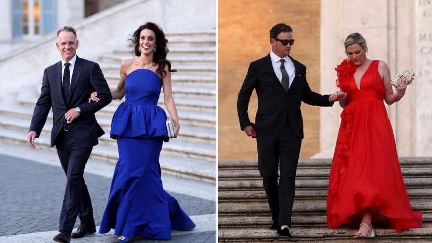 Luke Donald and his wife Diane Antonopoulos (left), Zach Johnson and his wife Kim Barclay (right). (Getty Images)