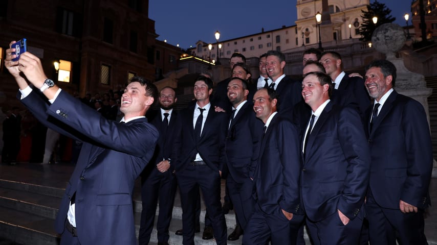 Ludvig Aberg of Team Europe takes a selfie with Team Europe teammates at the Spanish Steps prior to the 2023 Ryder Cup at Marco Simone Golf Club. (Getty Images)