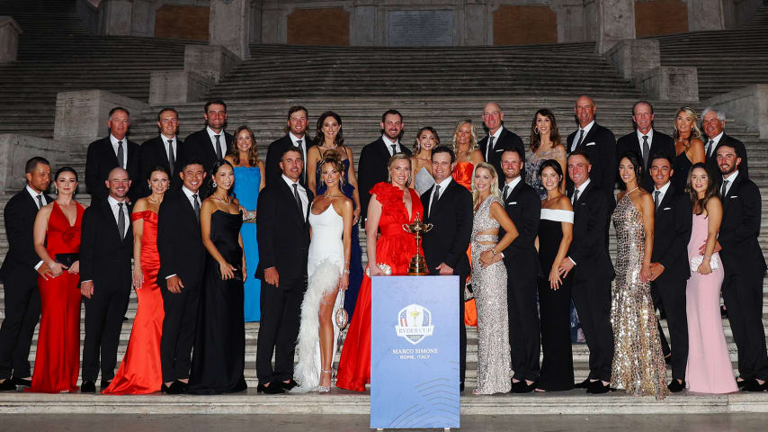 Team United States and partners pose for photos at the Spanish Steps prior to the 2023 Ryder Cup at Marco Simone Golf Club. (Getty Images)