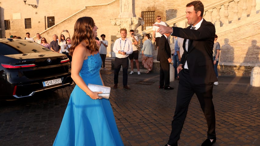 Scottie Scheffler of Team United States and wife Meredith Scudder arrive at the Spanish Steps prior to the 2023 Ryder Cup at Marco Simone Golf Club. (Getty Images)