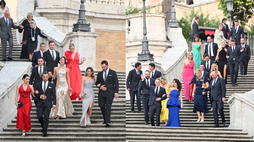 The U.S. Team (left) and the European Team arrive with their partners at the Spanish Steps prior to the 2023 Ryder Cup at Marco Simone Golf Club. (Keyur Khamar/PGA TOUR)