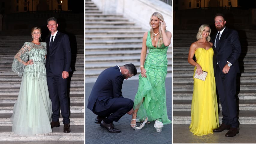 Justin and Kate Rose (left), Jon Rahm and his wife Kelley Cahill (center), Shane Lowry and his wife Wendy Honner (right). (Getty Images)