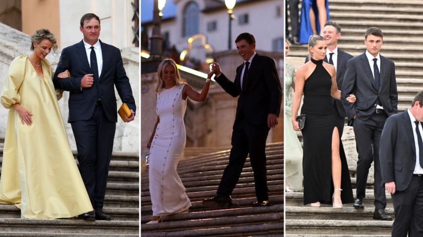 Sepp Straka and his wife Paige Dean (left), Matt Fitzpatrick and his fiance Katherine Gaal (center), Ludvig Aberg and Olivia Peet (right). (Getty Images)