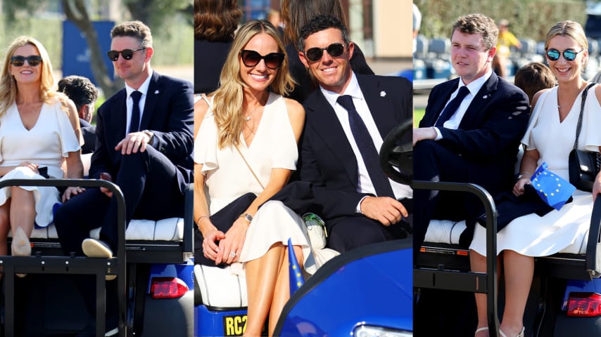 Justin Rose and wife Kate Phillips (left), Rory McIlroy and wife Erica Stoll (middle) and Robert MacIntyre and partner (right) at the Ryder Cup Opening Ceremony. (Getty Images)