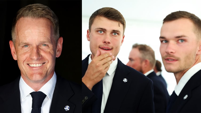 European captain Luke Donald (left) and European Ryder Cup rookies Ludvig Aberg and Nicolai Hojgaard (right). (Getty Images)