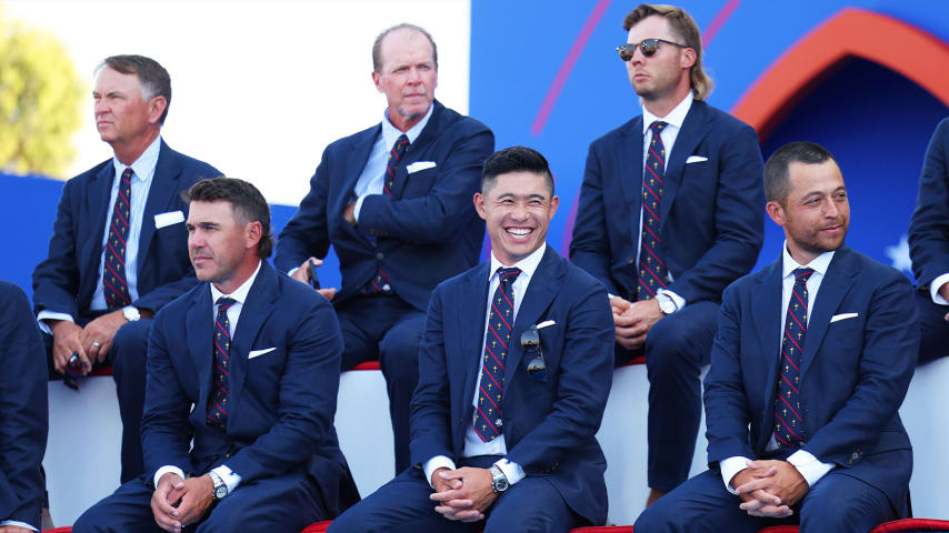 Collin Morikawa looks on alongside his teammates during the Opening Ceremony for the 2023 Ryder Cup. (Andrew Redington/Getty Images)