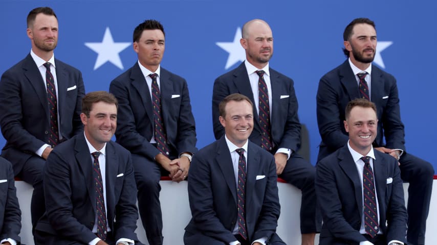 Jordan Spieth looks on alongside his teammates during the Opening Ceremony for the 2023 Ryder Cup. (Patrick Smith/Getty Images)