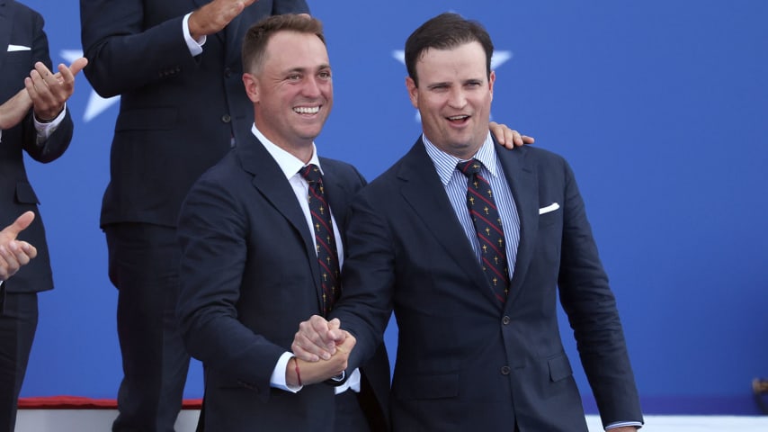 Justin Thomas (left) and Captain Zach Johnson at the Opening Ceremony for the 2023 Ryder Cup. (Patrick Smith/Getty Images)