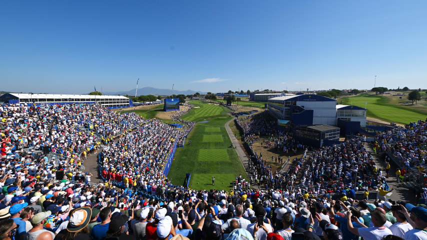 ROME, ITALY - SEPTEMBER 30: Viktor Hovland of Team Europe tees off on the first hole during the Saturday afternoon fourball matches of the 2023 Ryder Cup at Marco Simone Golf Club on September 30, 2023 in Rome, Italy. (Photo by Alex Burstow/Getty Images)