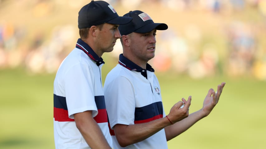 ROME, ITALY - SEPTEMBER 30: Jordan Spieth and Justin Thomas of Team United States react on the 16th green during the Saturday afternoon fourball matches of the 2023 Ryder Cup at Marco Simone Golf Club on September 30, 2023 in Rome, Italy. (Photo by Jamie Squire/Getty Images)