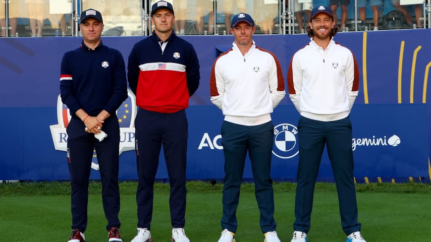 From left to right, Justin Thomas, Jordan Spieth, Rory McIlroy and Tommy Fleetwood on Day 2 of the 44th Ryder Cup. (Getty Images)