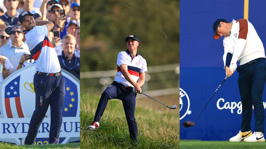 Wyndham Clark (left), Justin Thomas (middle) and Rory McIlroy on Day 2 of the 44th Ryder Cup. (Getty Images)